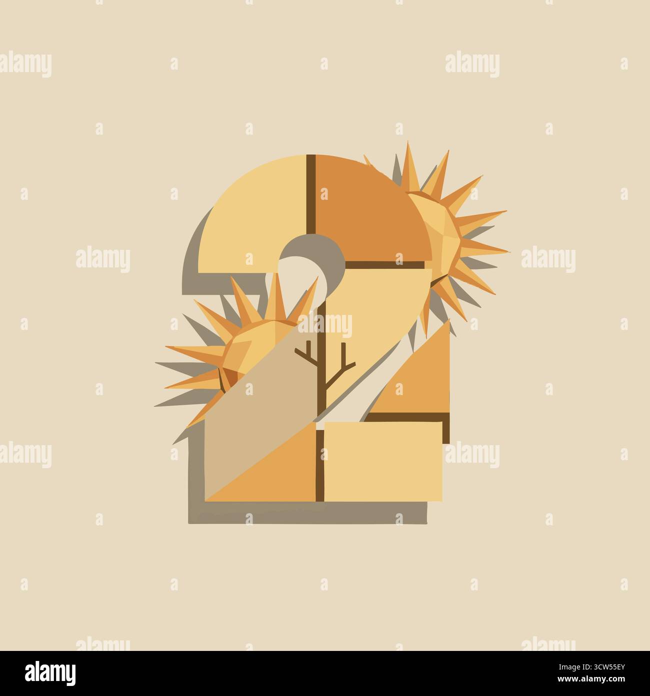 Numéro géométrique deux avec illustration minimale abstraite du soleil Illustration de Vecteur