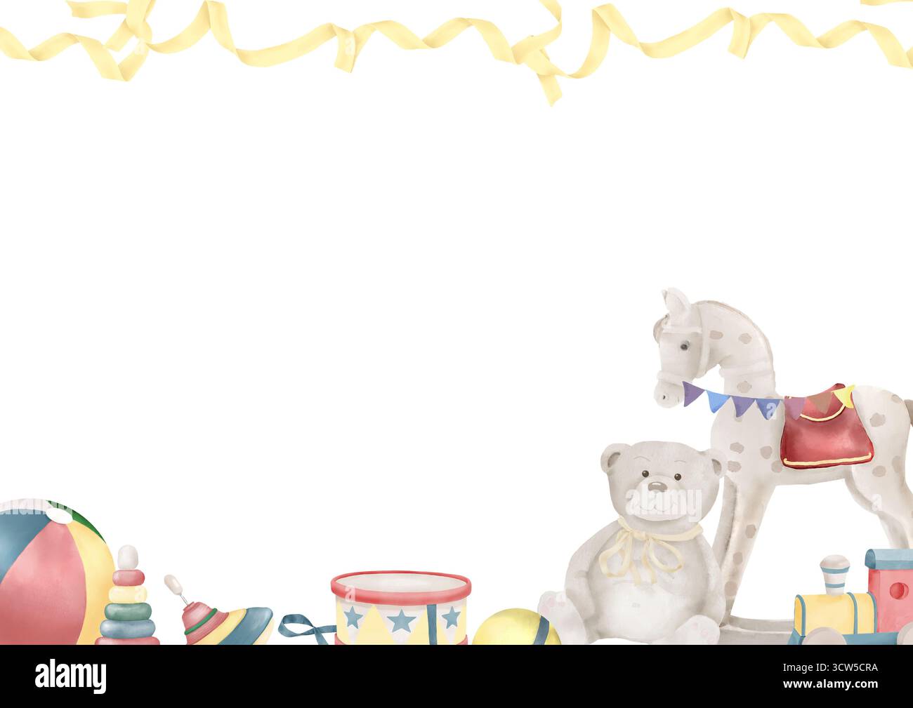 Drôle de carte pour enfants avec un cheval à bascule et un ours en peluche. Illustration numérique aquarelle. Train jouet, pyramide et tambour, jouets pour enfants isolés sur w Banque D'Images