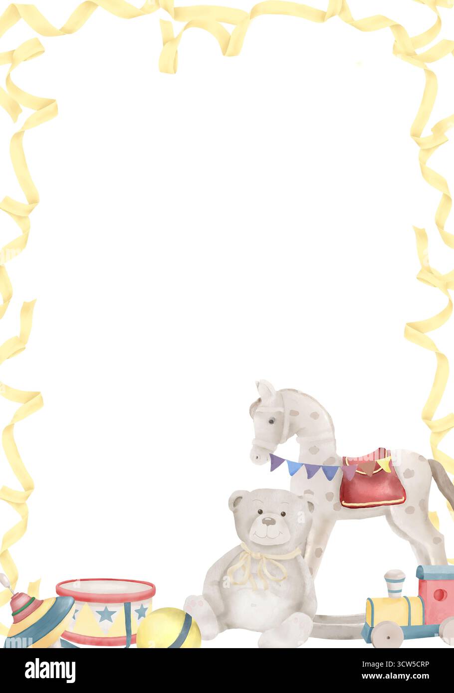 Drôle de carte pour enfants avec un cheval à bascule et un ours en peluche. Illustration numérique aquarelle. Train jouet, pyramide et tambour, jouets pour enfants isolés sur w Banque D'Images