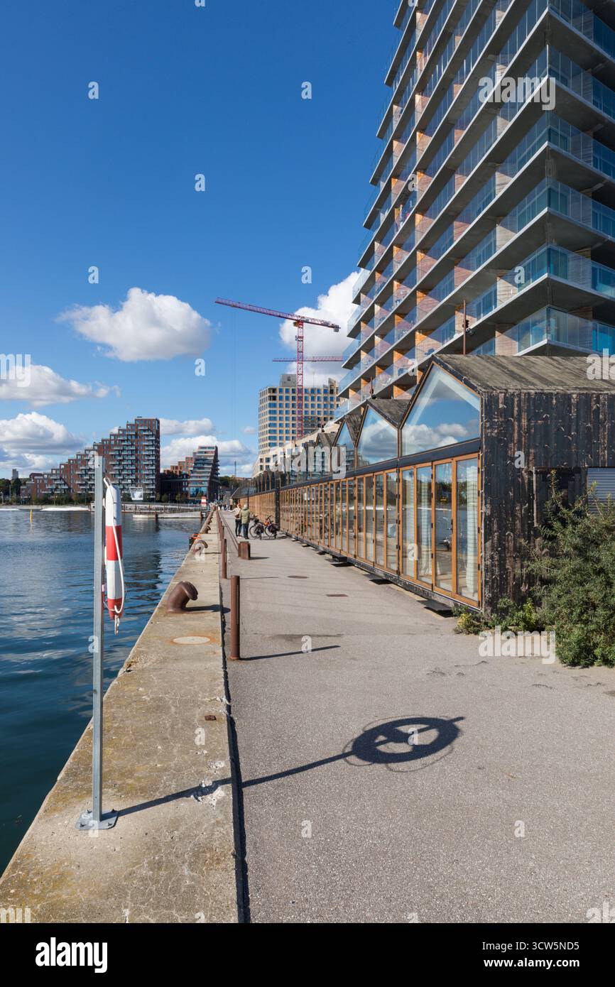 Aalborg, Danemark – 23 septembre 2025 : jetée bordée de petites maisons dans le quartier nouvellement développé Aarhus Ø dans l'ancien port. Banque D'Images