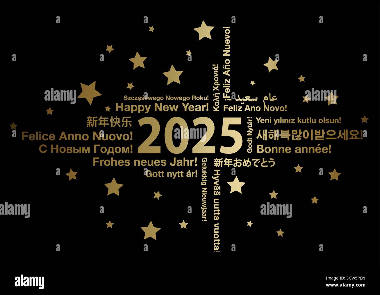 Bonne année 2025 dans différentes langues concept de carte de voeux nuage de mot sur fond sombre, illustration vectorielle Illustration de Vecteur