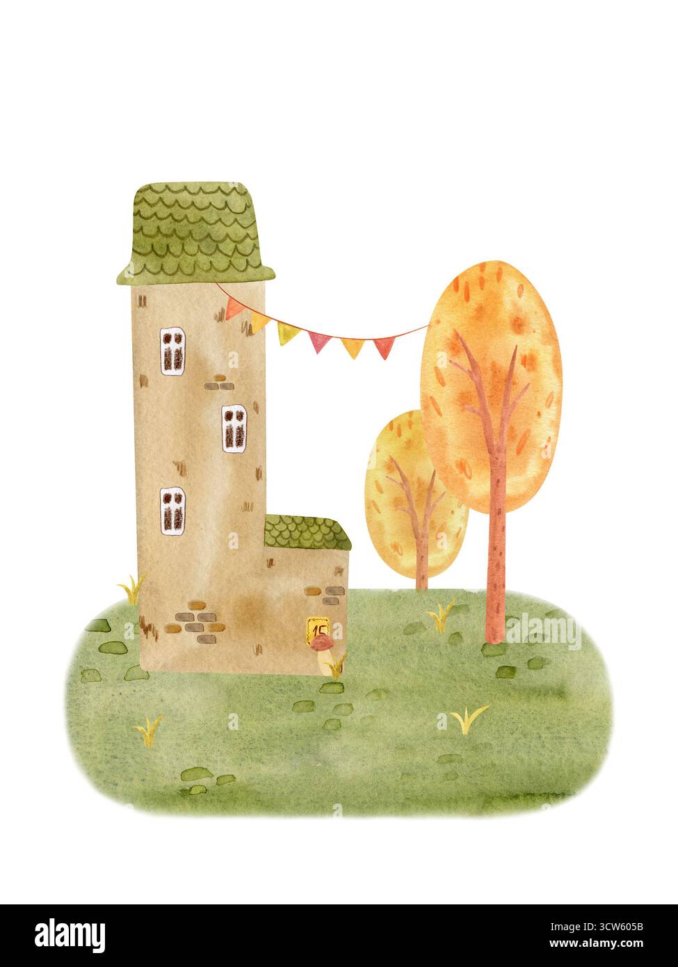 Mignonne maison d'automne aquarelle entourée d'arbres colorés et de feuilles qui tombent. Paysage d'automne confortable parfait pour les cartes saisonnières, affiches, impressions, et Banque D'Images