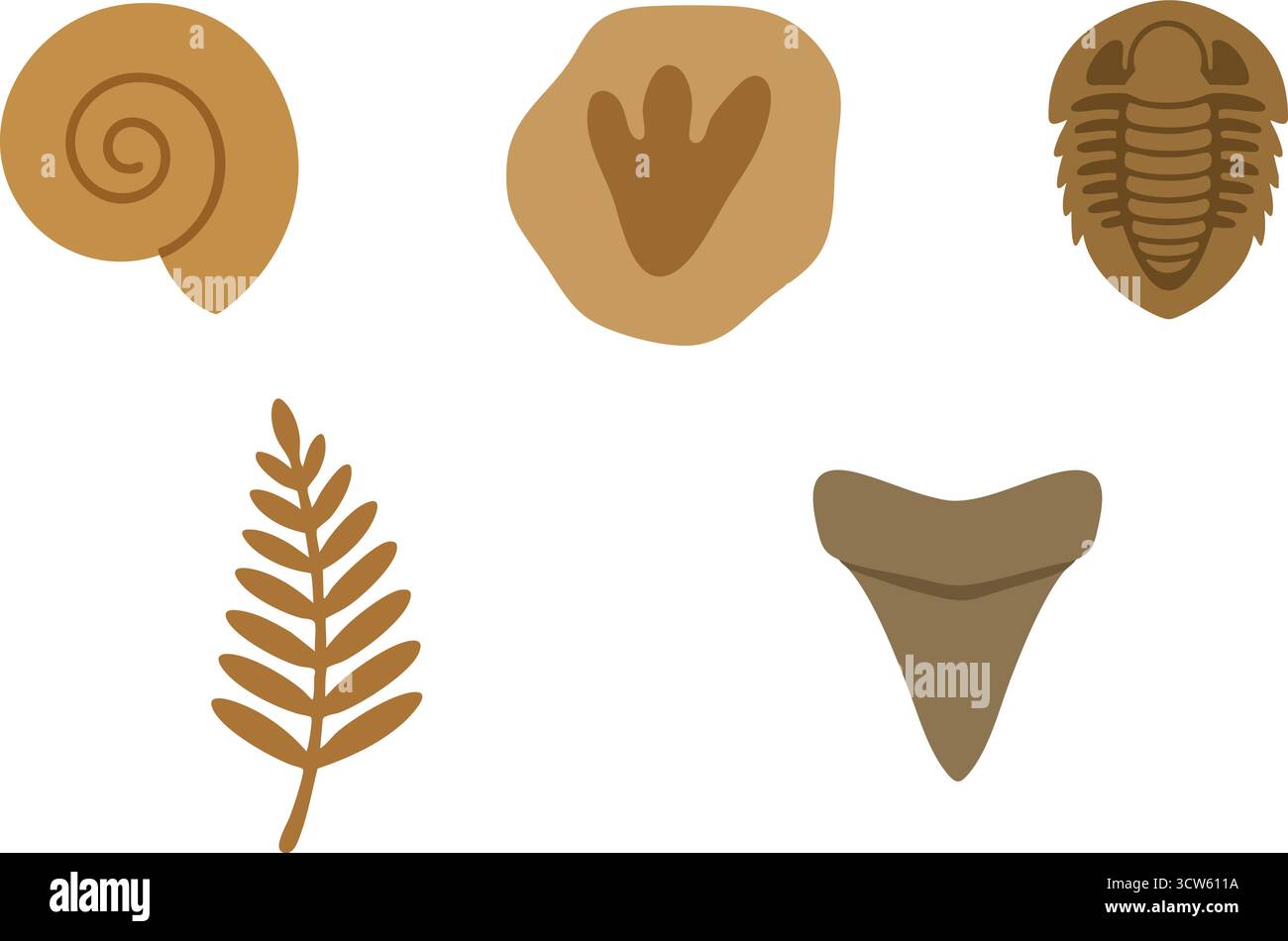 Illustration détaillée sur le thème de la paléontologie mettant en vedette plusieurs icônes fossiles, dont une ammonite, un dinosaure, une trilobite, une pile de colonnes de crinoïdes Illustration de Vecteur