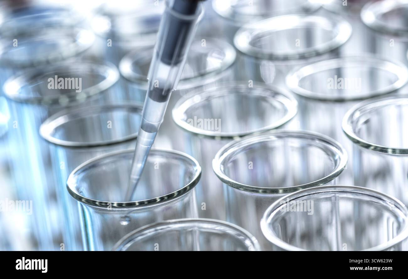 Scientifique pipettant un échantillon lors d'une expérience de laboratoire Banque D'Images