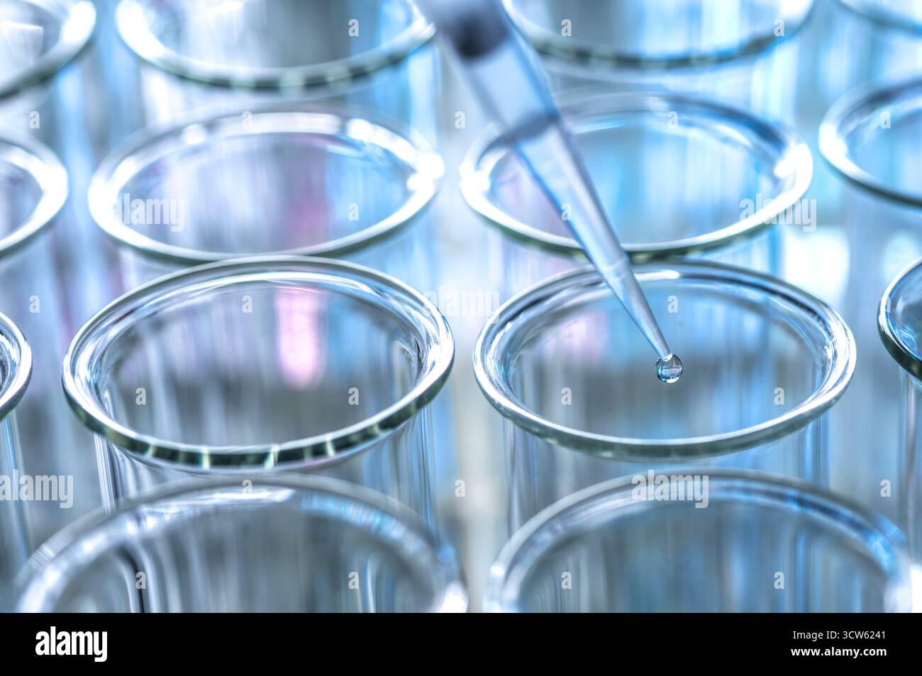 Scientifique pipettant un échantillon lors d'une expérience de laboratoire Banque D'Images