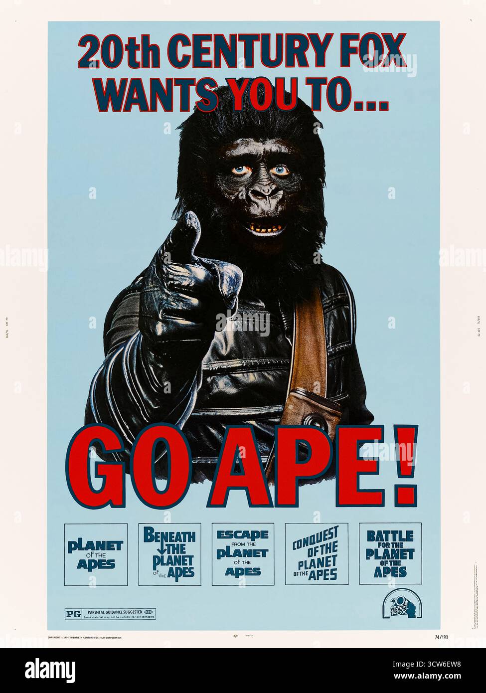 'Allez APE !' Marathon du film affiche planète des singes de 1974 promouvant la réédition des 5 films originaux consécutivement dans des salles sélectionnées. Photographie d'une affiche américaine originale de 1974 À USAGE ÉDITORIAL EXCLUSIF. Crédit : BFA / 20th Century Fox Banque D'Images