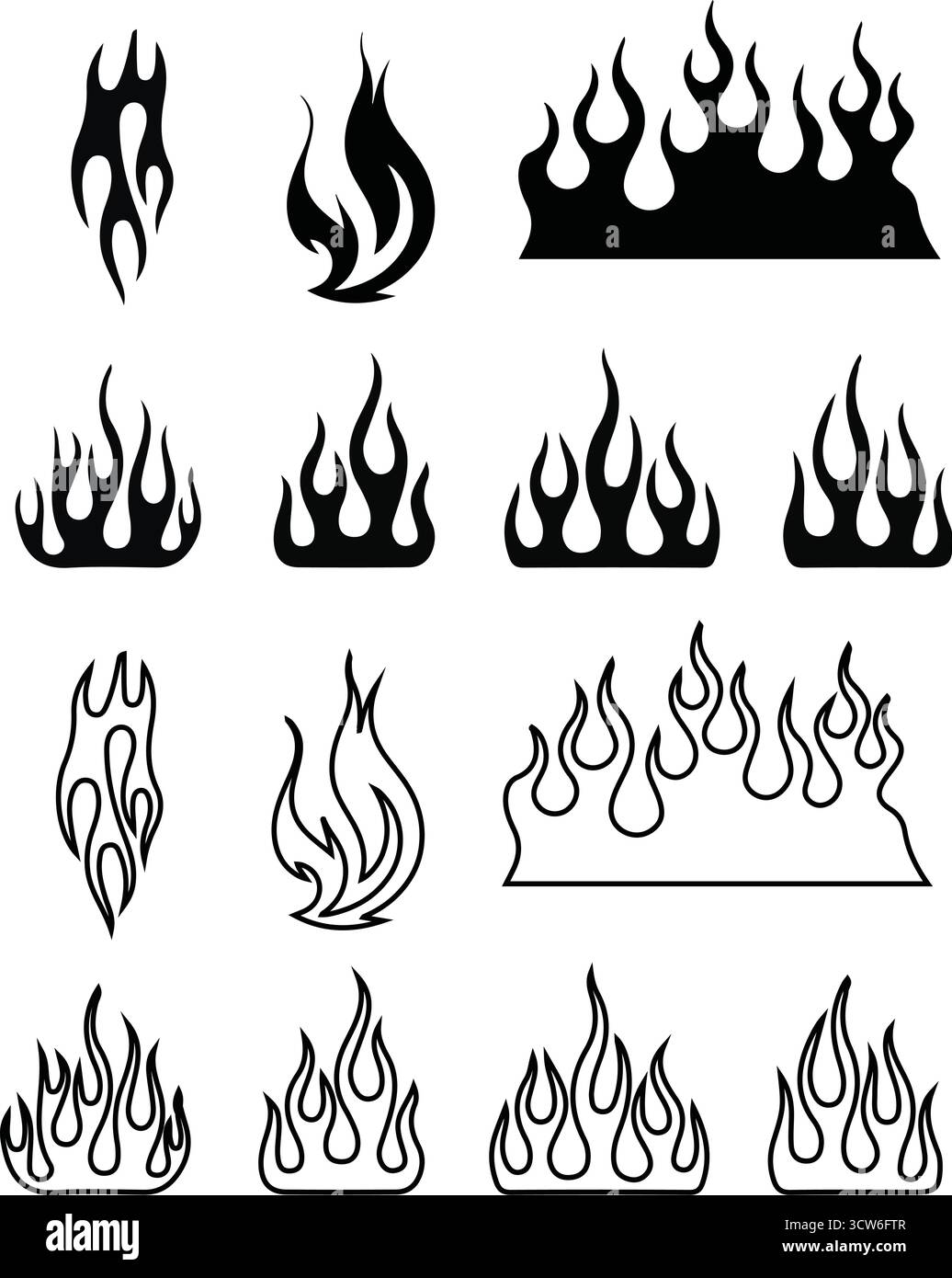 Flame silhouettes Vector Set - style classique des années 90, moto et voiture Hot Rod, tatouage rétro Old School, contour noir et blanc Illustration de Vecteur