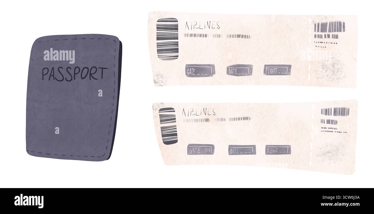 Jeu de passeport et deux billets d'avion avec codes-barres, portes et informations de vol. Parfait pour les livres pour enfants, les thèmes de voyage ou le scrapbooking. Idéal pour jouer Banque D'Images