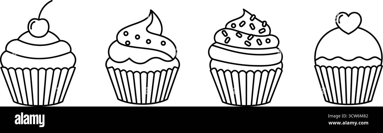 Quatre délicieux cupcakes, chacun orné de garnitures uniques Illustration de Vecteur