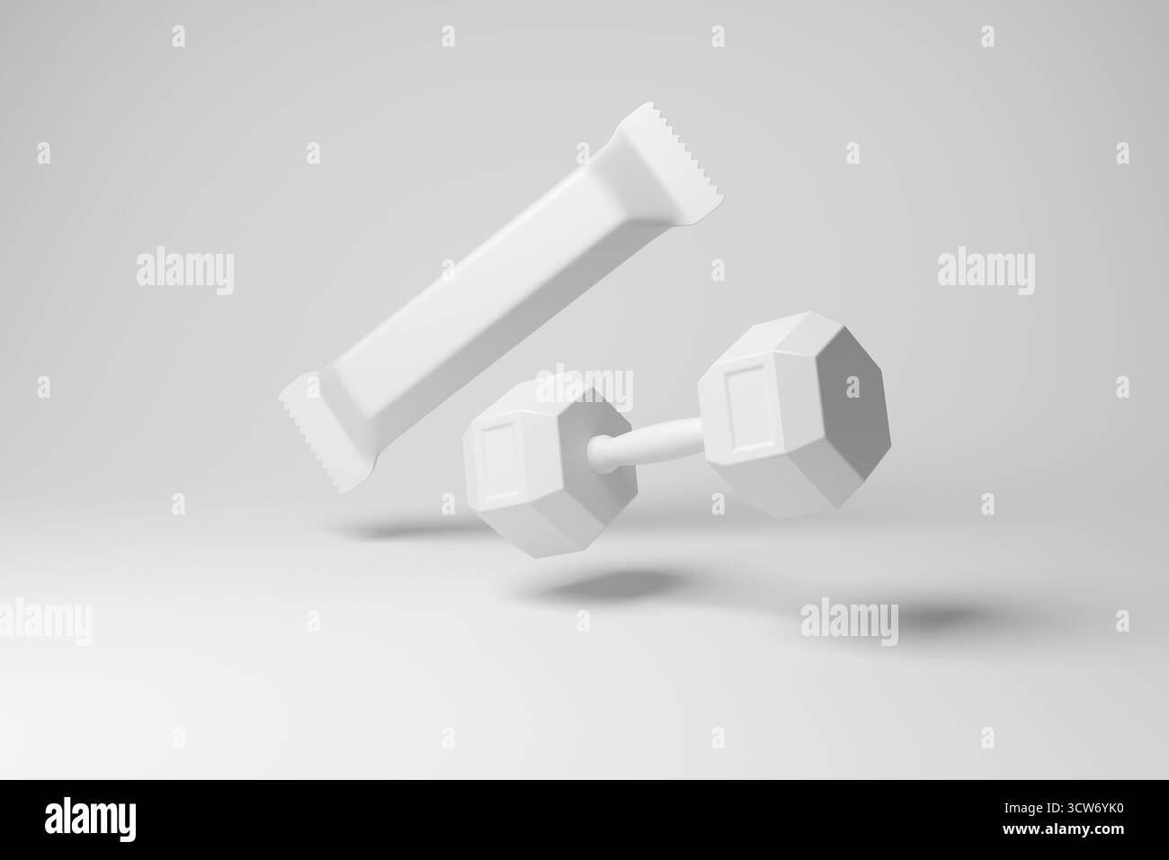 Un haltère hexagonal blanc et une barre protéinée flottant dans l'air sur un fond blanc. Illustration de la relation entre entraînement et nutrition Banque D'Images