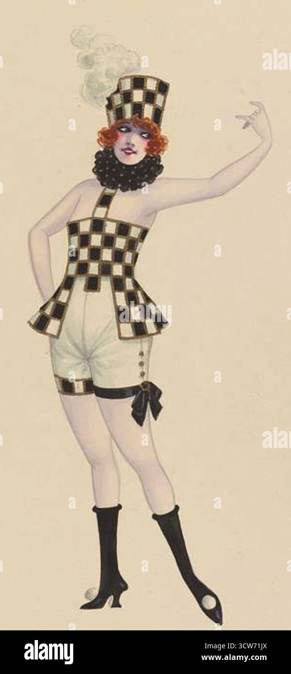 Will R. Barnes, costume design intitulé Boys, circa 1912–1929. Illustration à l'aquarelle et à l'encre d'un artiste de scène dans une tenue à carreaux avec un chapeau bouffé et des bas, recueillis par R. H. Burnside. Banque D'Images