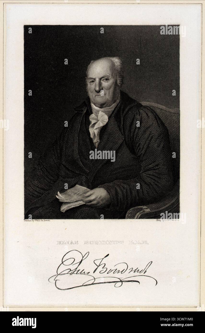 Gravure historique de J.W. Paradise d'après Waldo et Jewett représentant Elias Boudinot L.L.D., avocat et homme d'État américain, XIXe siècle. Banque D'Images