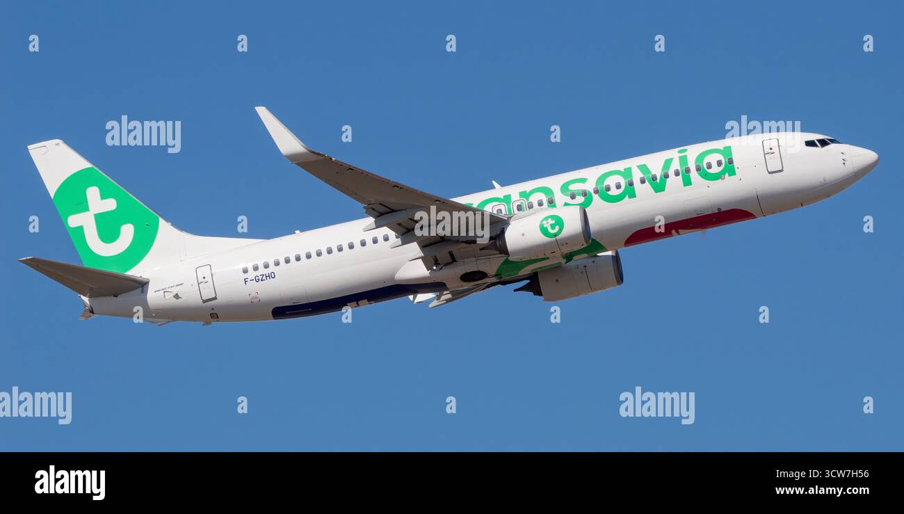 Avión de Línea Boeing 737 8K2 de la aerolínea Transavia France despegando en el aeropuerto de Lisboa con matrícula F-GZHO Banque D'Images