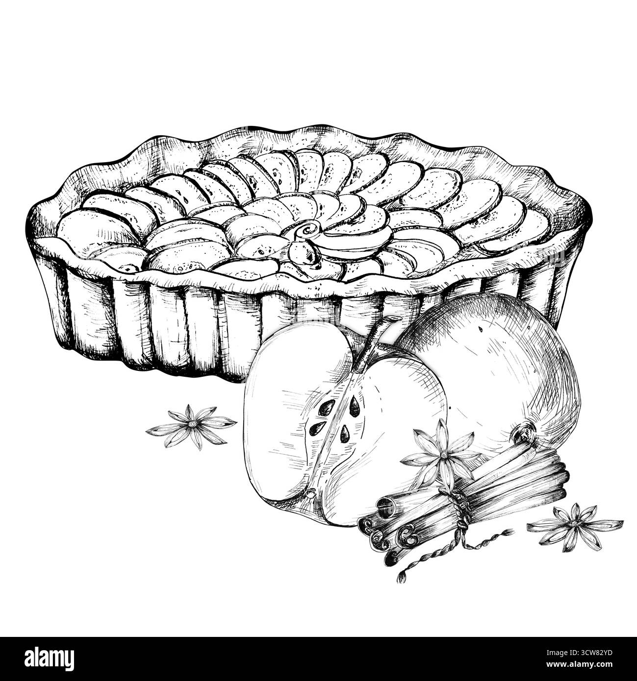 Dessin à l'encre de tarte aux pommes, pommes, bâtonnets de cannelle et épices d'anis étoilé. Clipart de cuisson monochrome. Illustration dessinée à la main pour emballage alimentaire, boulangerie Banque D'Images