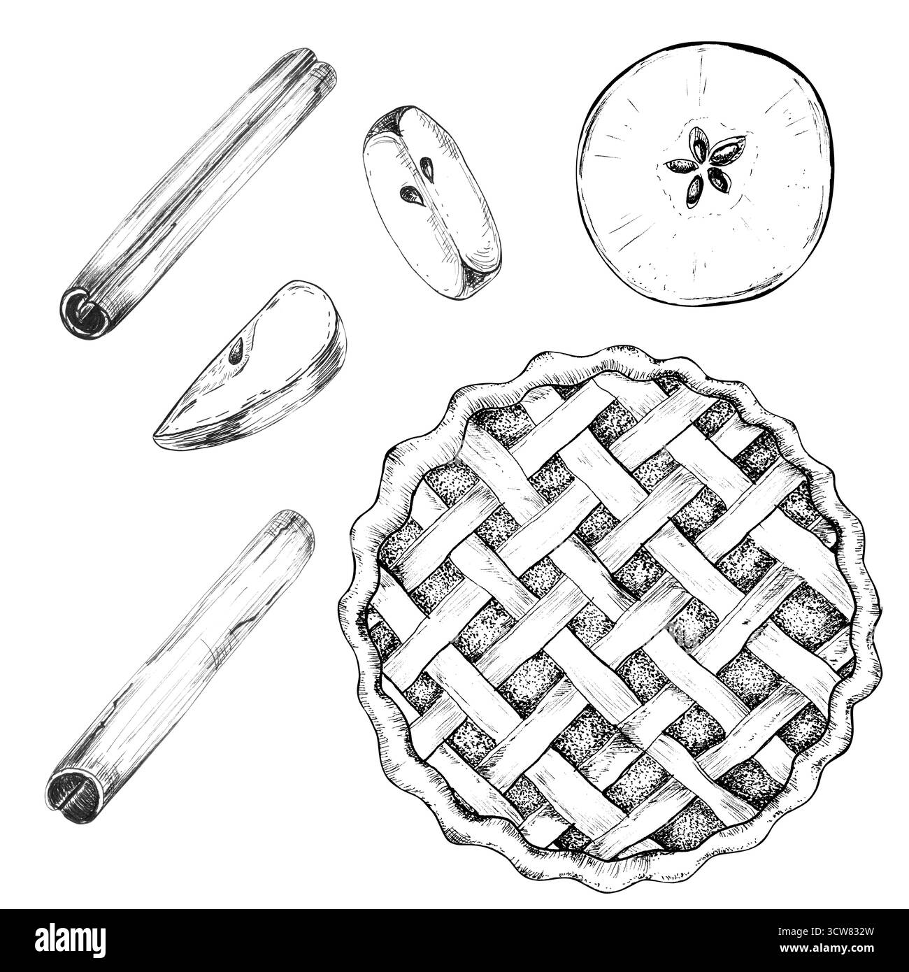 Un paquet de pommes et de tranches, bâtonnets de cannelle, tarte aux pommes. Dessins alimentaires. Clipart monochrome boulangerie. Ligne noire et blanche Illustration à l'encre dessinée à la main Banque D'Images