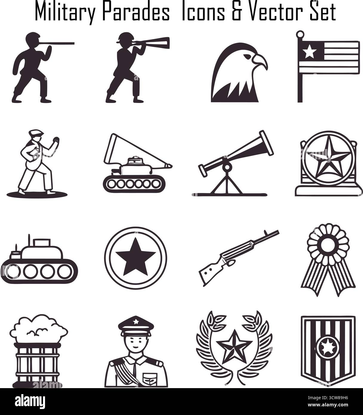 Jeu d'icônes de la Parade militaire – Collection vectorielle Armée, soldat, mars, cérémonie et célébration nationale Illustration de Vecteur