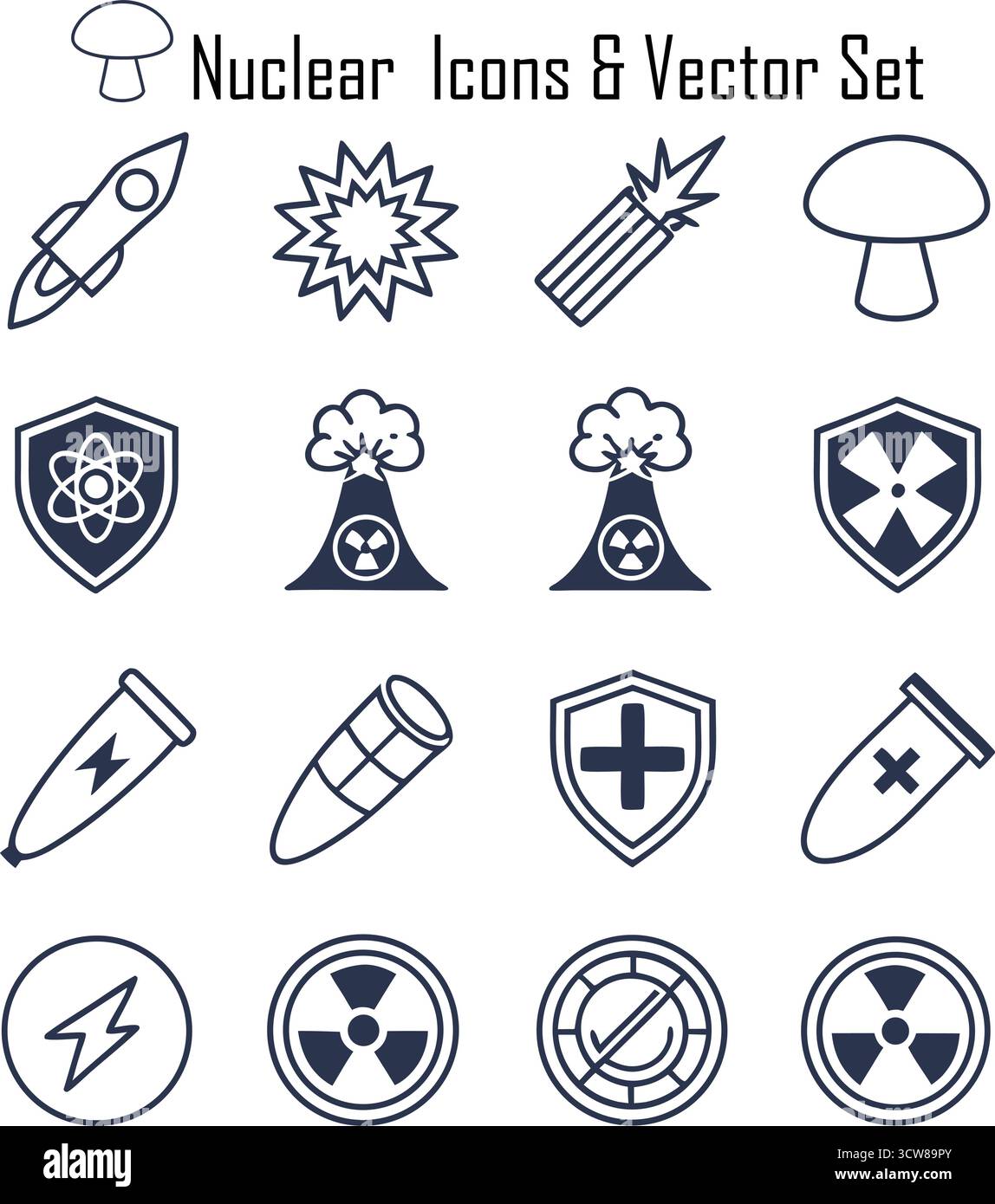 Jeu d'icônes nucléaires — rayonnement, énergie atomique, symboles de danger, signes d'avertissement radioactifs Illustration de Vecteur