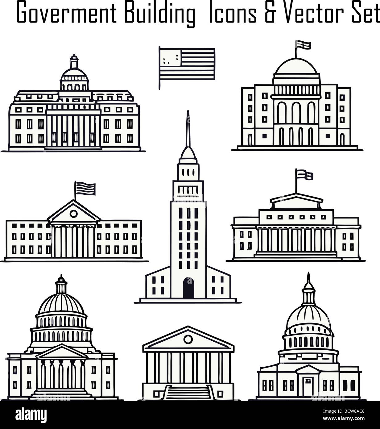 Ensemble d'icônes des bâtiments du gouvernement — Parlement, Capitole, Cour, Hôtel de ville, symboles officiels de l'architecture Illustration de Vecteur