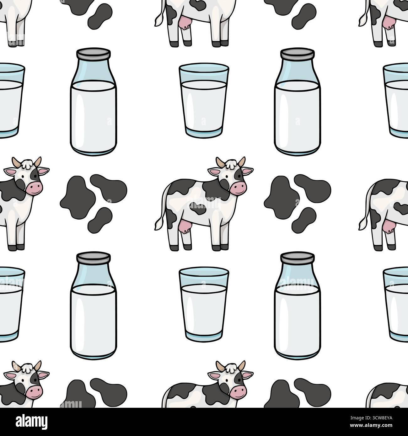 Modèle vectoriel sans couture avec de charmantes vaches de dessin animé et des bouteilles de lait avec des verres. Illustration de Vecteur