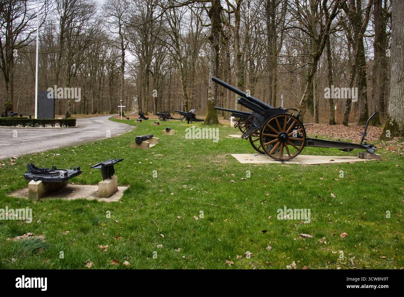 Belleau Wood, France - 20 février 2022 : canon exposé dans Belleau Wood par une journée nuageuse d'hiver en France. Banque D'Images