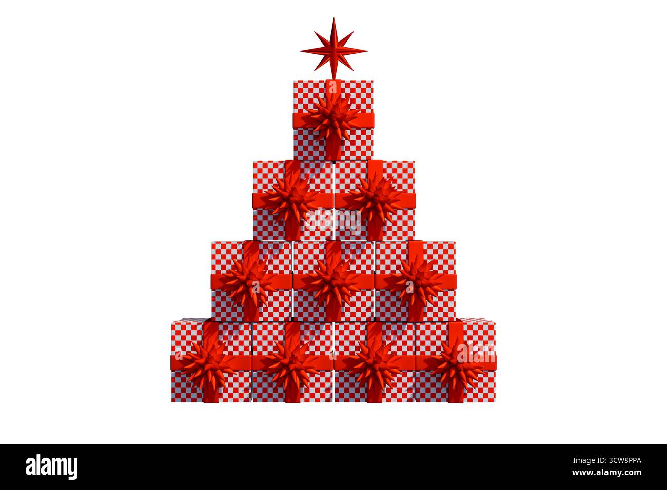Boîtes-cadeaux rouges empilées dans une pyramide ressemblant à un arbre de noël pour la célébration des fêtes. rendu 3d. Banque D'Images