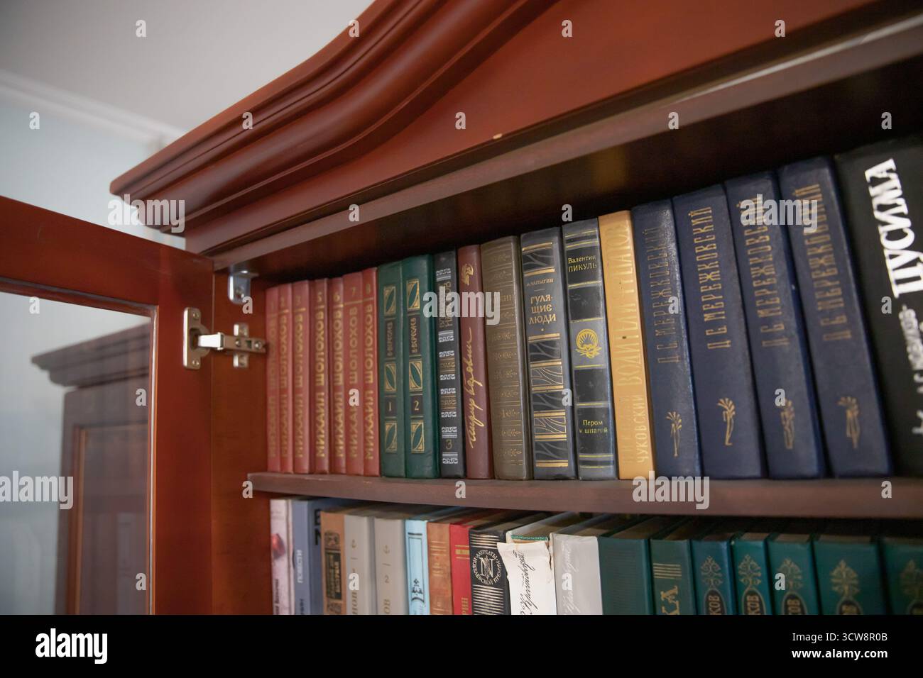 Étagère remplie de livres de littérature classique à l'intérieur d'une bibliothèque publique à Yaremche, Ukraine. Photo prise le 2025 juillet. Banque D'Images