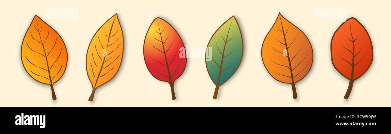 Un ensemble de six feuilles d'automne de différentes formes et couleurs sur un fond beige. Illustration de Vecteur