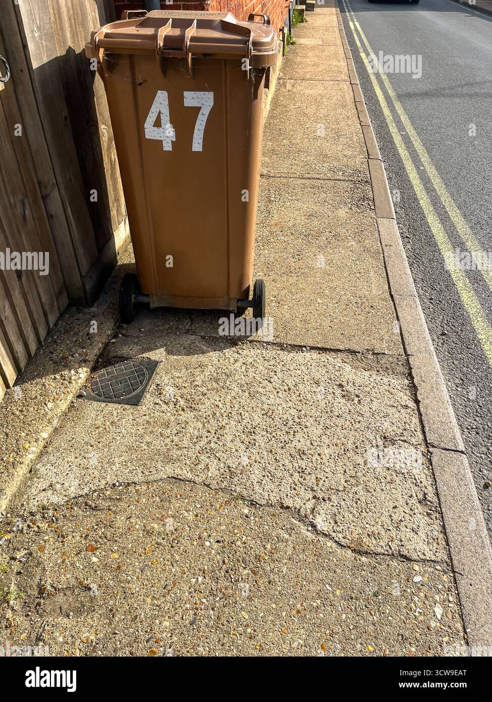 Poubelles de jardin brun anglais dans la rue, prêtes pour la collecte. - Image de stock capturée avec un smartphone