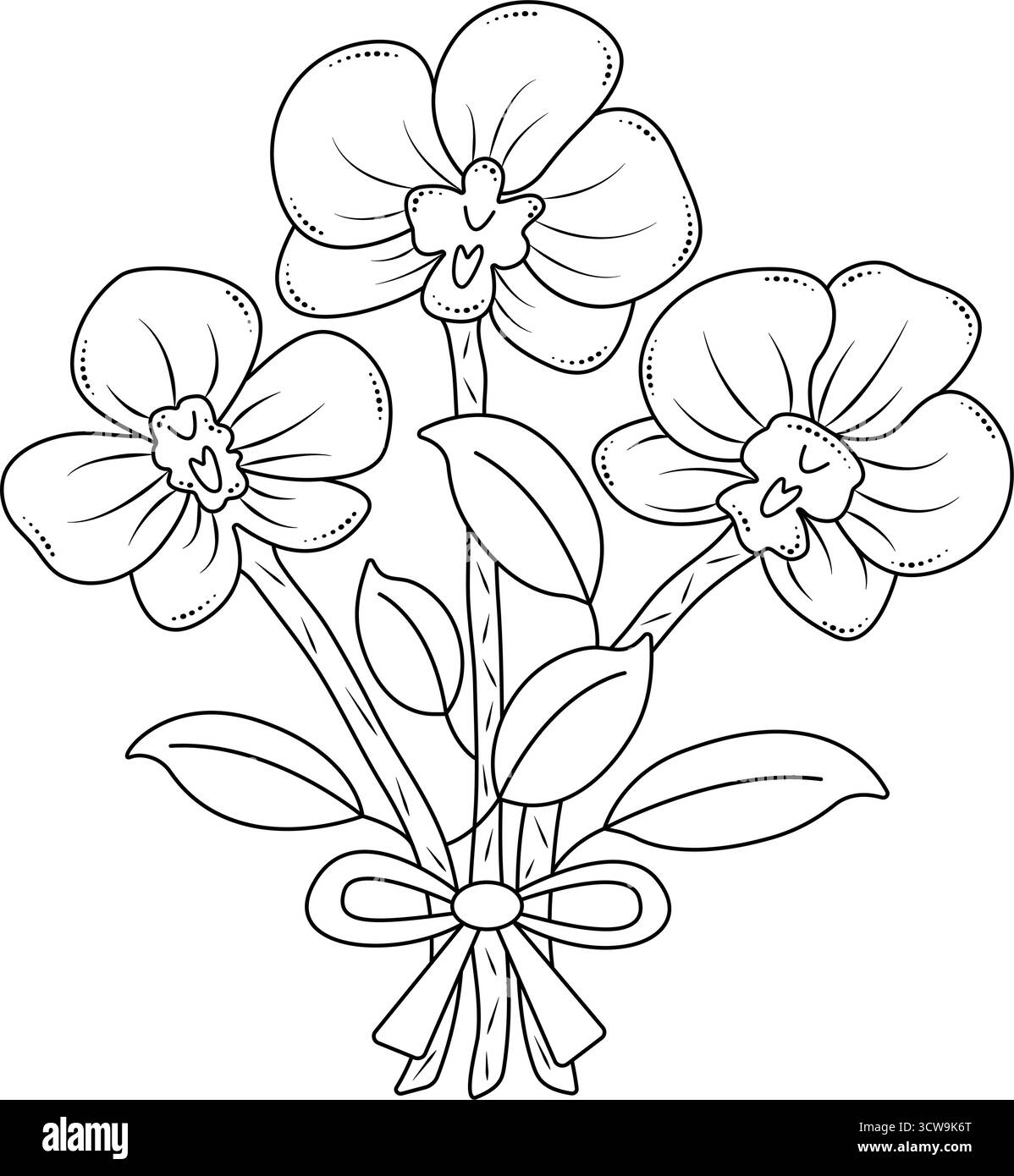 Bouquet de trois orchidées de ligne noire, page de coloration monochrome vectorielle, fleurs preppy élégantes Illustration de Vecteur