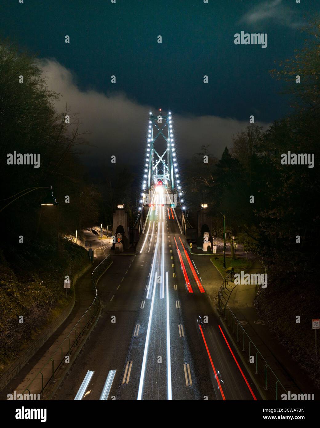 Les voitures traversent rapidement un pont bien éclairé la nuit, entourées d'arbres et de nuages. Des lumières vives créent un effet visuel saisissant sur ces terres urbaines Banque D'Images