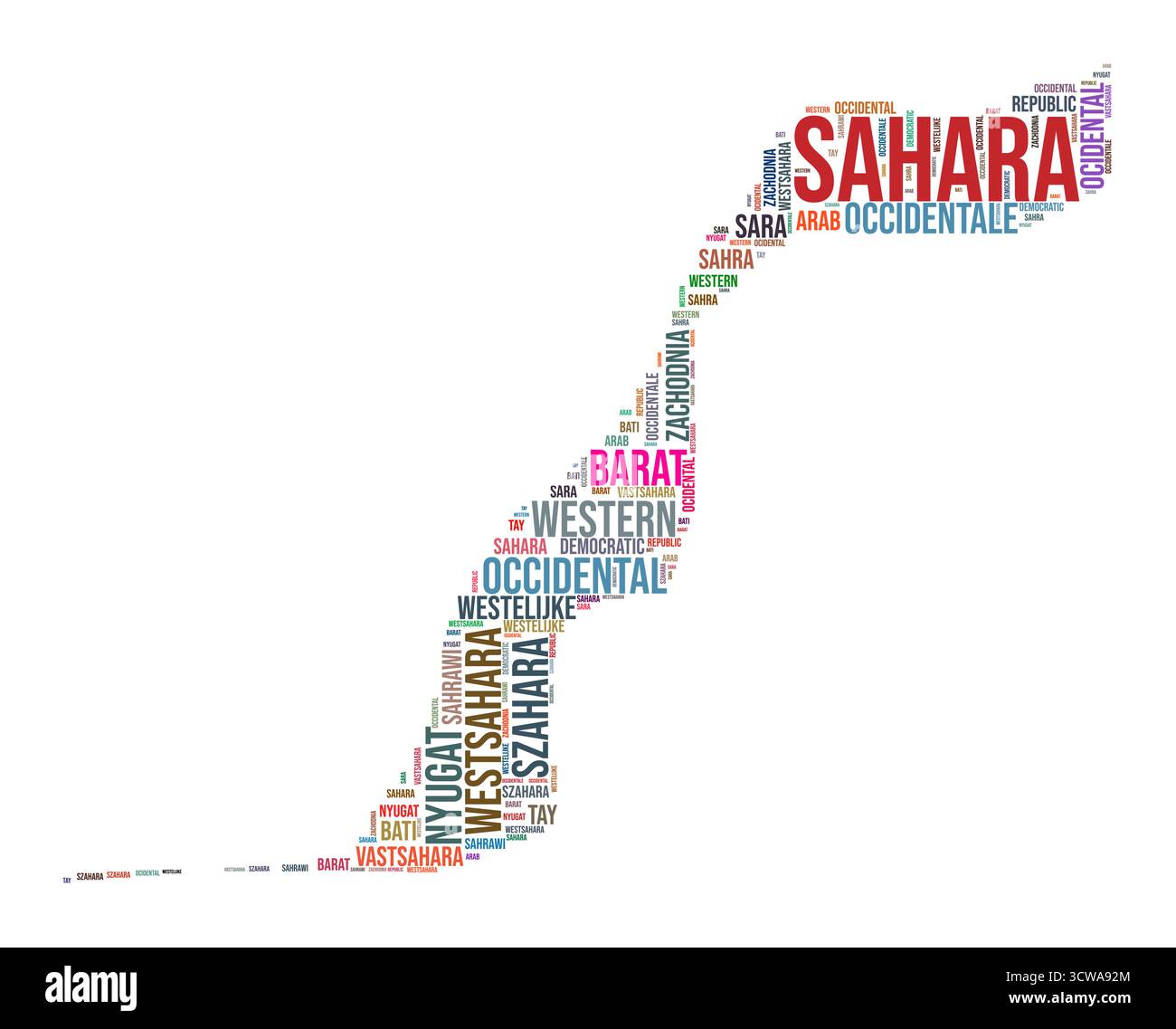 Nuage de mots en forme de pays du Sahara Occidental. Illustration de pays de style typographique. Image Sahara Occidental dans le style nuage de texte. Illustration vectorielle. Illustration de Vecteur