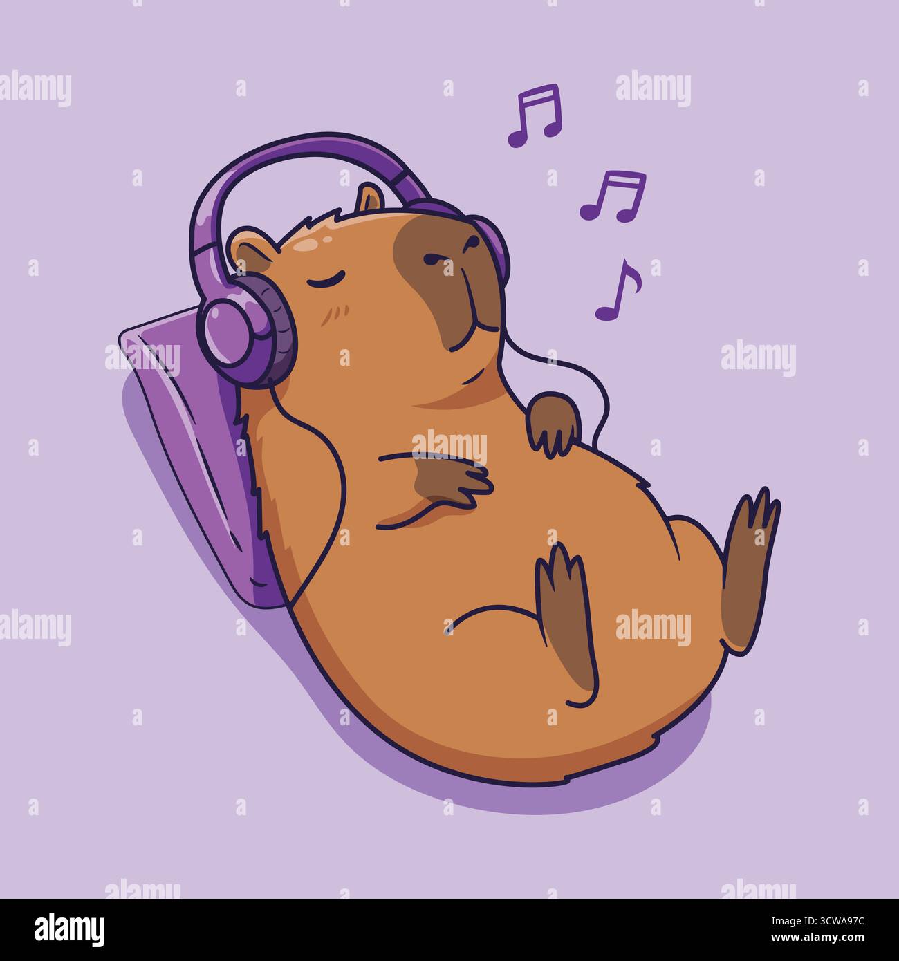 Cute Capybara dormir et écouter de la musique illustration vectorielle Banque D'Images