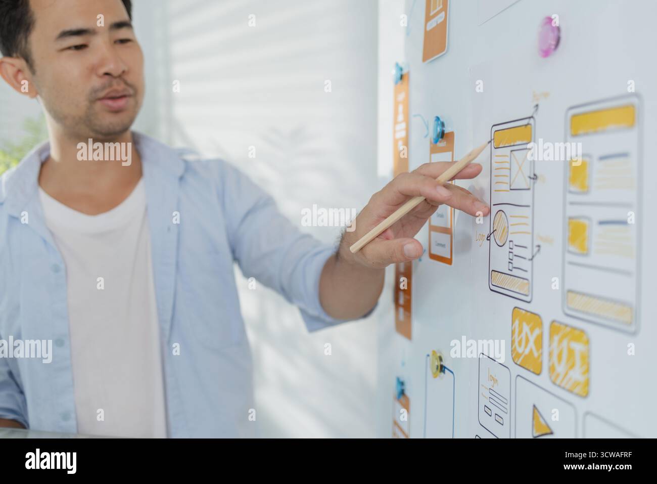 Un concepteur créatif travaille sur la planification UX/UI, analysant des croquis et des prototypes sur un tableau blanc tout en utilisant un ordinateur portable. Le processus montre la pensée de conception Banque D'Images