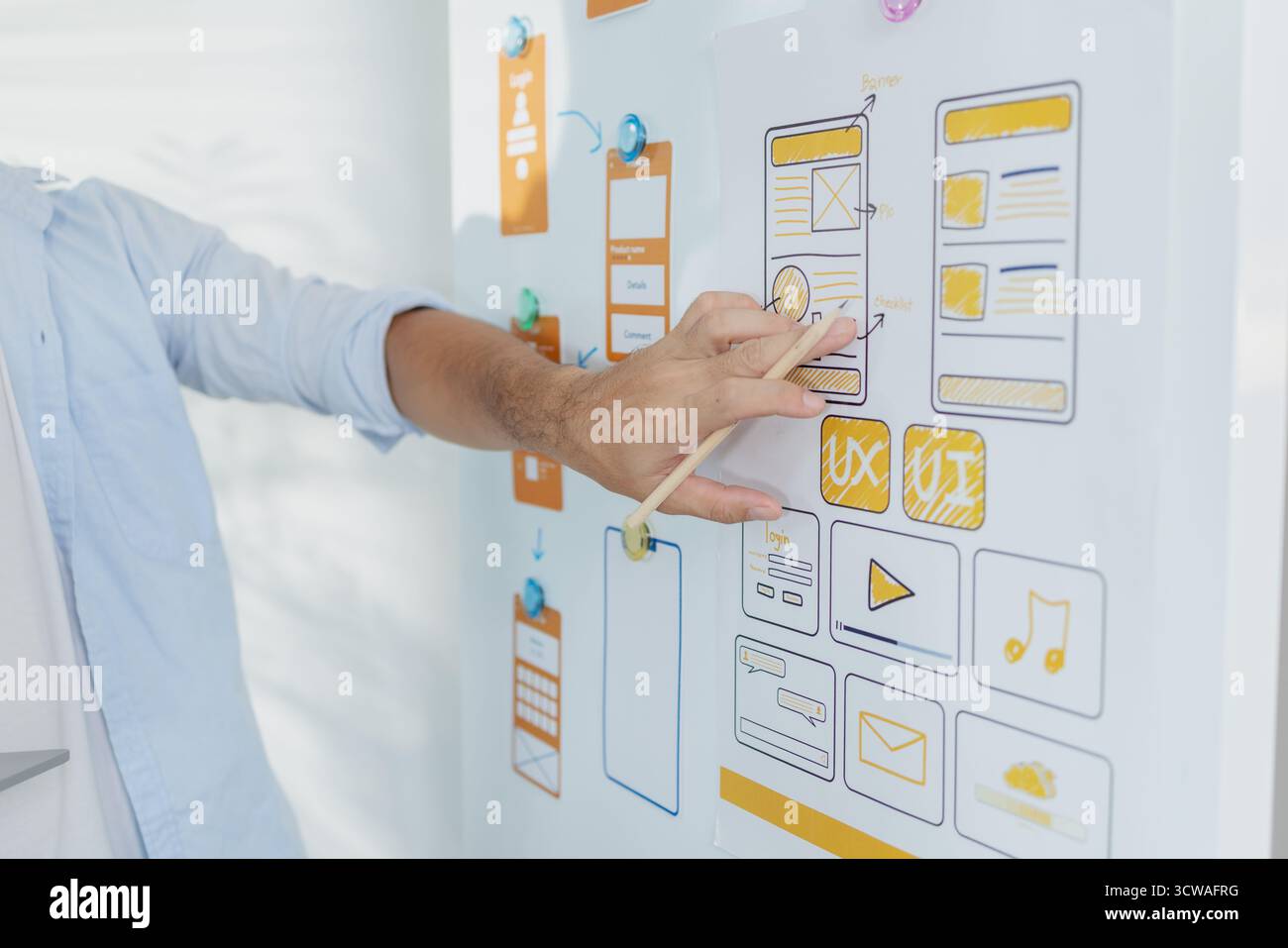 Un concepteur créatif travaille sur la planification UX/UI, analysant des croquis et des prototypes sur un tableau blanc tout en utilisant un ordinateur portable. Le processus montre la pensée de conception Banque D'Images
