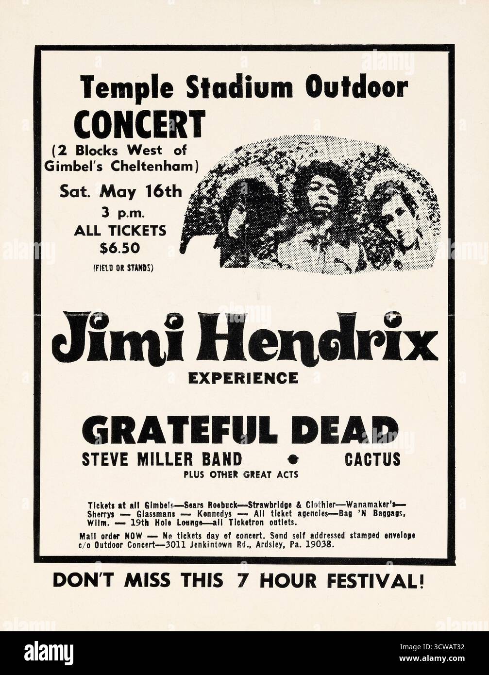 Temple Stadium Outdoor concert – Handbill feat. Jimi Hendrix Experience, Grateful Dead, Steve Miller Band et Cactus, 1970 Banque D'Images