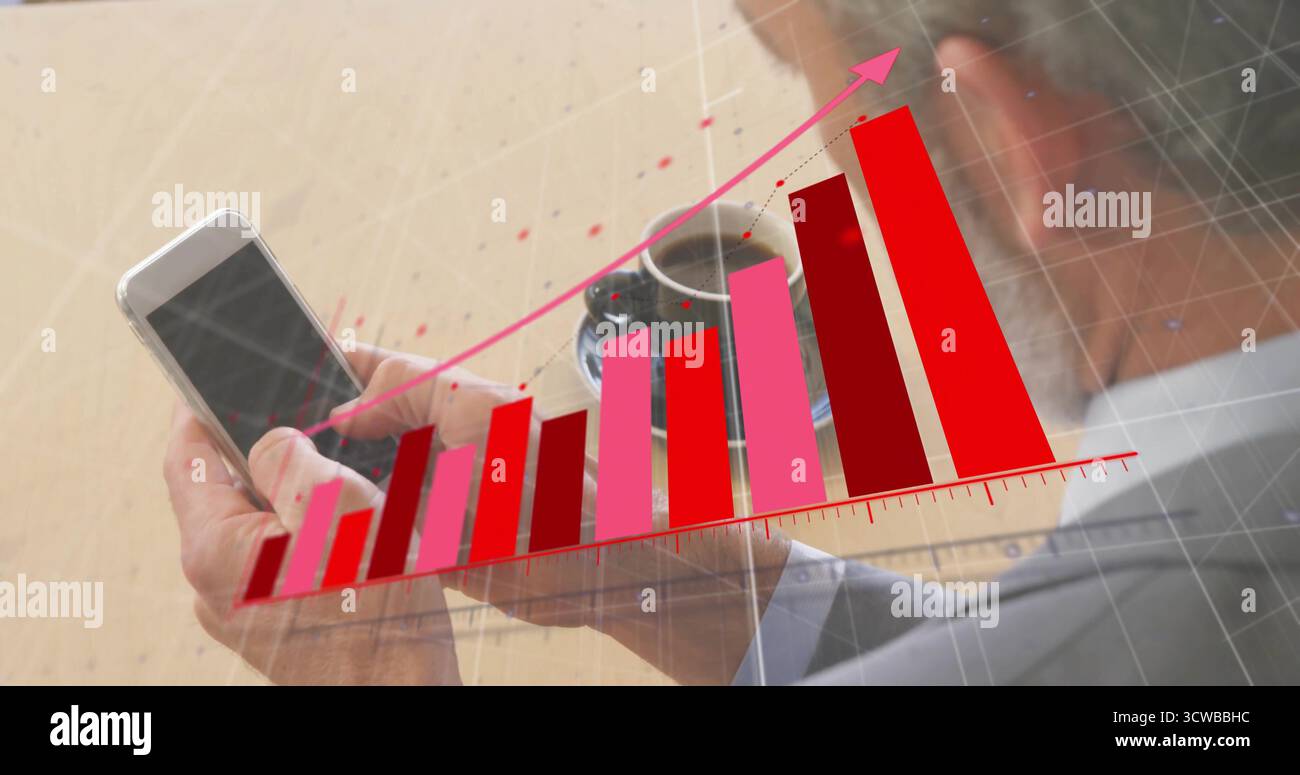 Graphique à barres 3D de grille d'analyse professionnelle adapté sur smartphone à la table de bureau avec tasse à café Banque D'Images