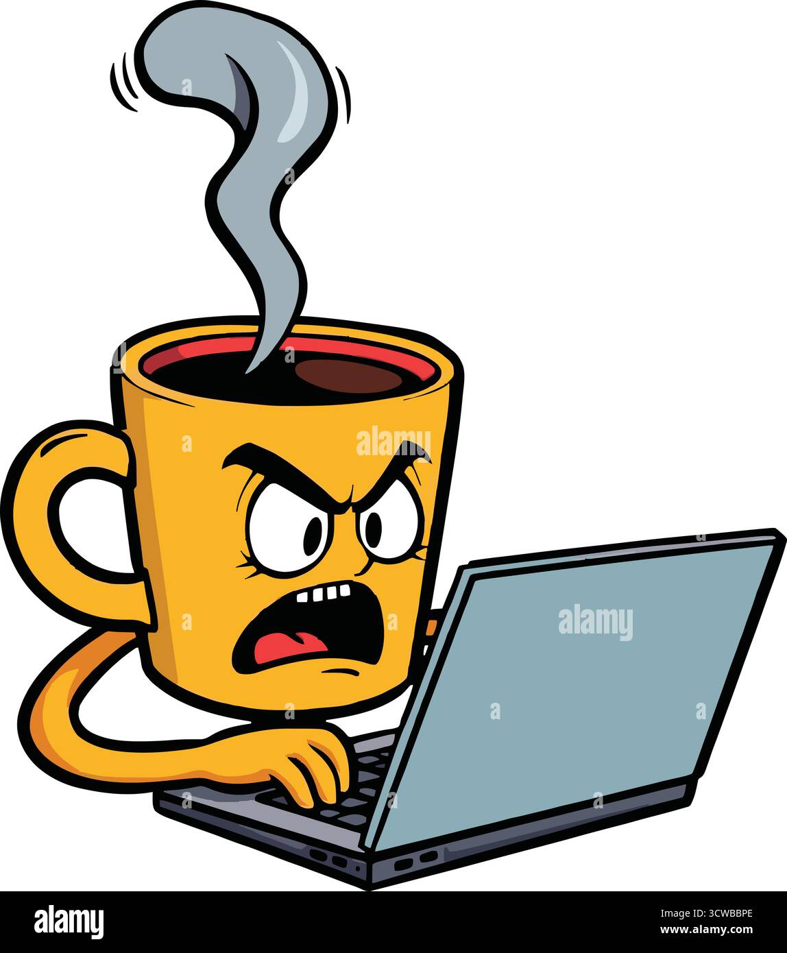 Angry Coffee Mug Cartoon Typing sur ordinateur portable – illustration drôle de concept de stress de bureau. tasse à café drôle Illustration de Vecteur