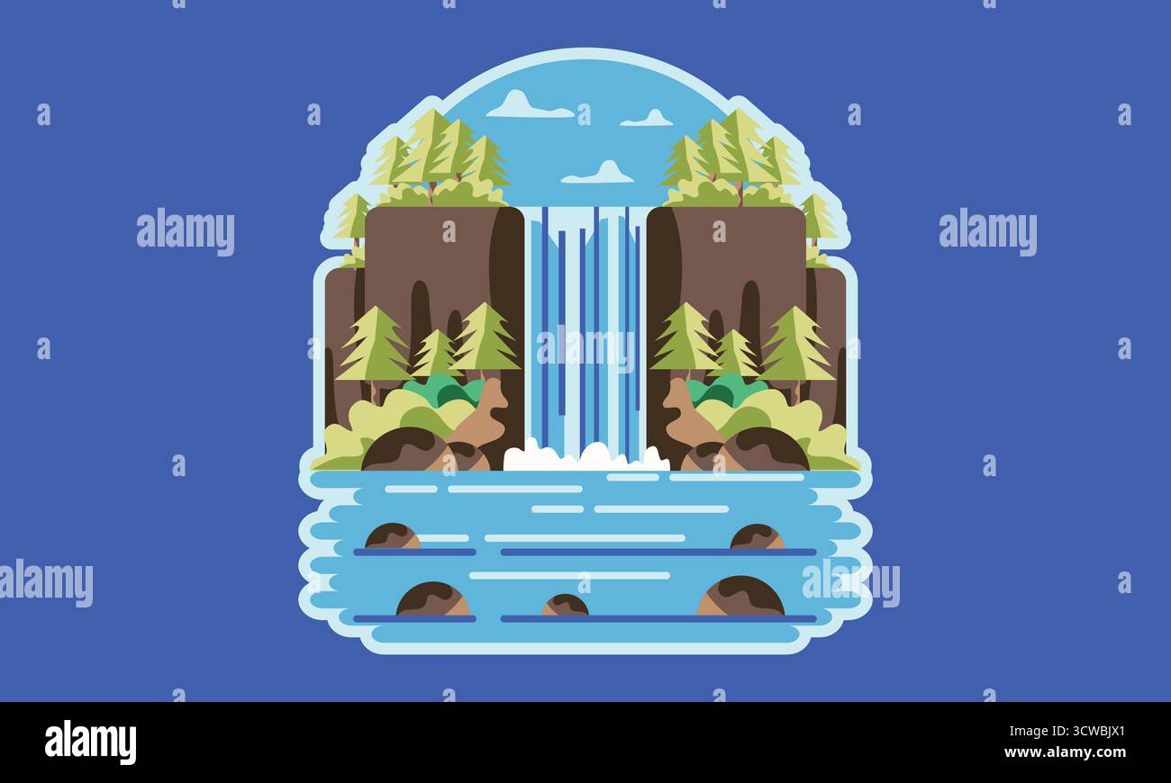 Une illustration numérique tranquille d'une cascade paisible entourée d'une forêt luxuriante et d'un flux de rivière doux. Parfait pour la nature, la détente, serein Illustration de Vecteur