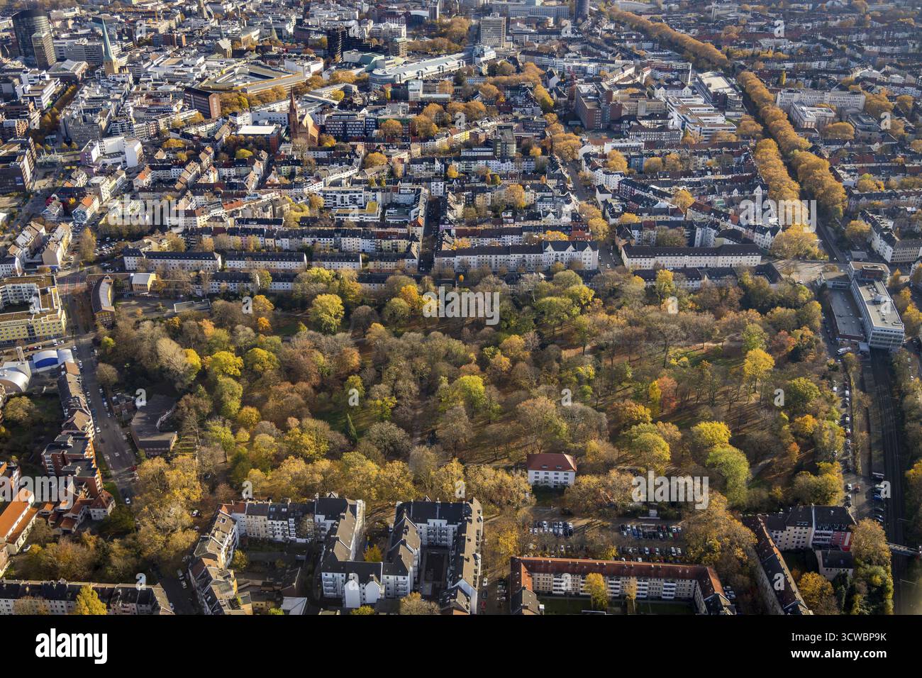 Vue aérienne, Westpark avec feuilles d'automne, Golden October à Westpark, Rittershausstrasse, Green Lung, Dorstfelder Bruecke, Dortmund, région de la Ruhr, Nord Banque D'Images