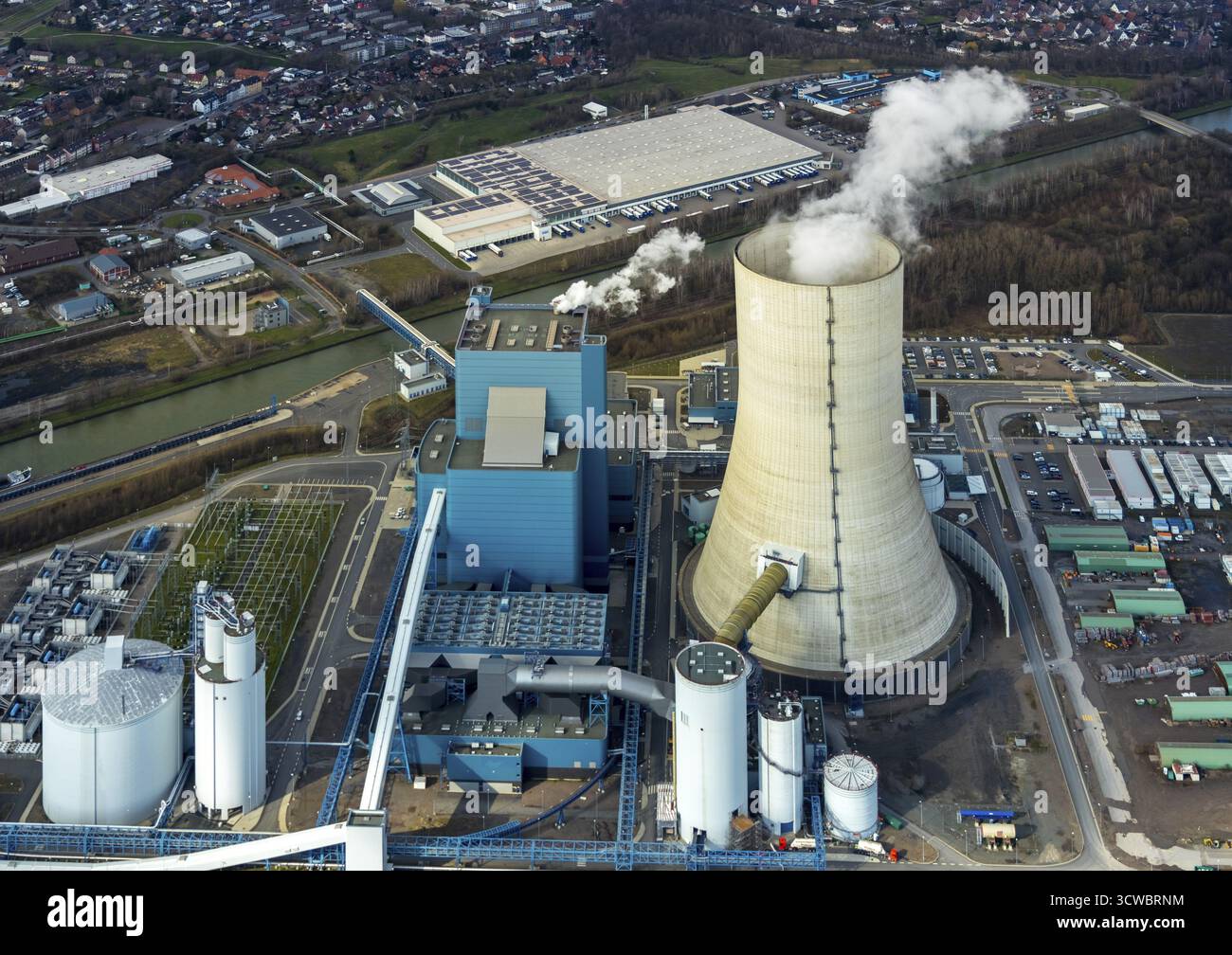 Vue aérienne, essai, consensus charbon, arrêt de construction, centrale électrique EON Datteln 4 sur le canal Dortmund-EMS, Datteln, région de la Ruhr, Rhénanie du Nord-Westpha Banque D'Images
