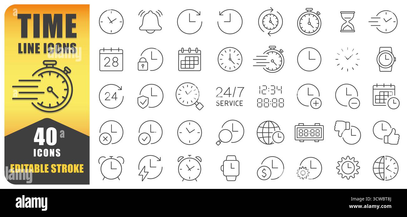 Jeu d'icônes activité. Collection de 40 icônes de traits fins modifiables représentant des horloges, des montres, des minuteries, des calendriers et des plannings. Parfait pour Tim Illustration de Vecteur