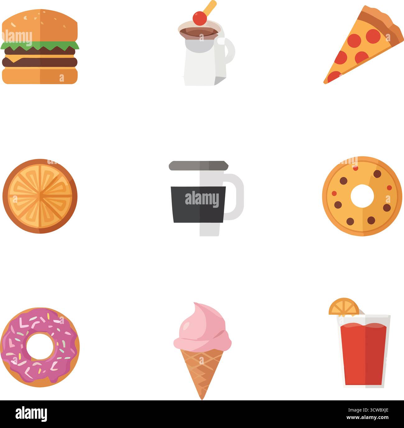 Ensemble d'icônes de nourriture et de boisson – hamburger, pizza, café, dessert et collations dans un style plat Illustration de Vecteur