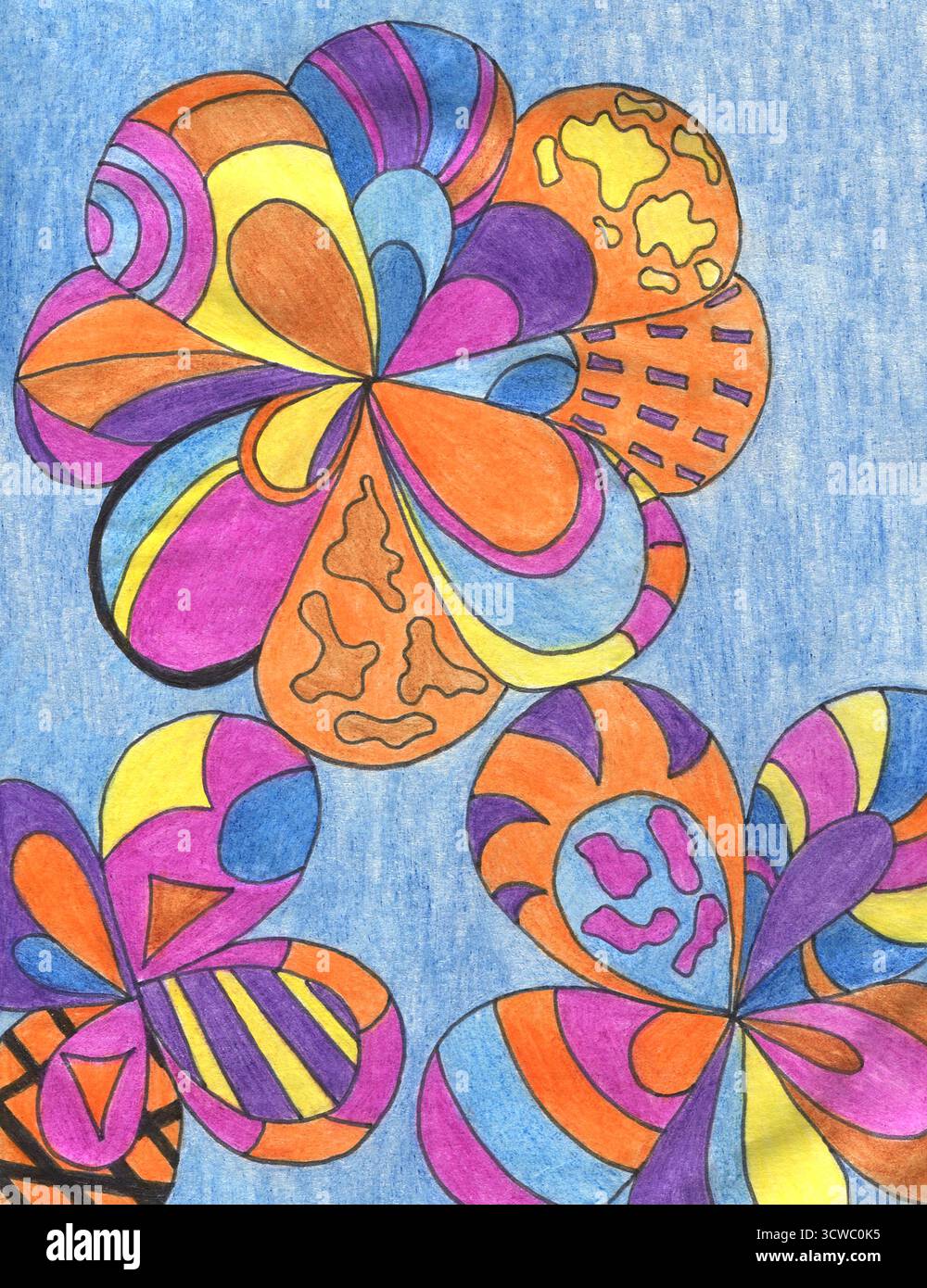 Fleurs abstraites dessinées avec des crayons de couleur dans le style des enfants sur fond bleu. Lignes courbes florales de couleur dessinées à la main brillantes, ornement de gribouillage, ligne Banque D'Images