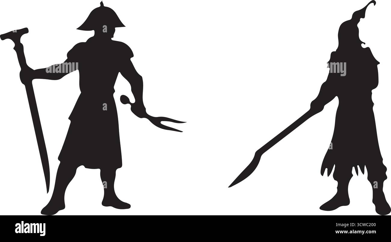Fantaisie guerrier silhouettes - homme et femme avec des armes Illustration de Vecteur