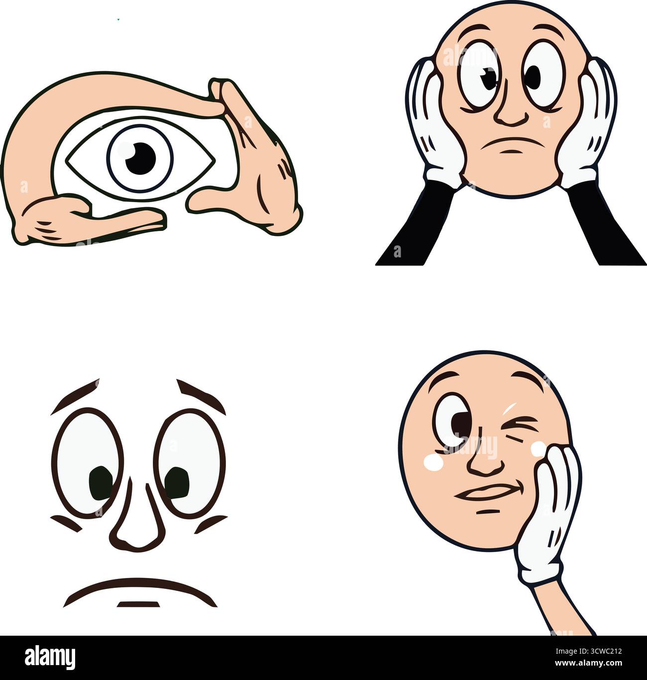 Ensemble de quatre visages expressifs rétro Cartoon et gestes de la main Illustration de Vecteur
