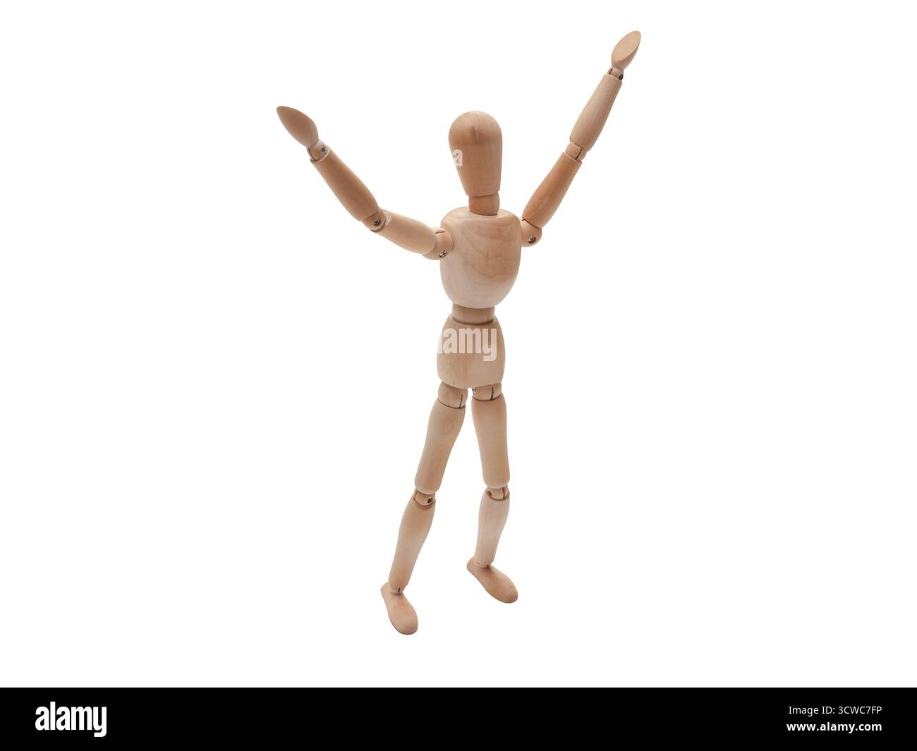Figurine mannequin en bois se tient avec les bras levés, démontrant une pose animée qui inspire la créativité et l'expression artistique dans les projets de design et moi Banque D'Images