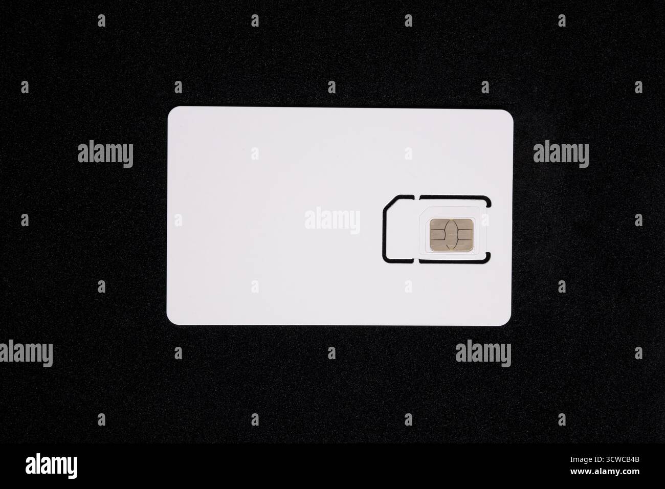 Carte SIM blanche isolée sur fond noir. Carte SIM en plastique pour téléphone mobile, gros plan Banque D'Images