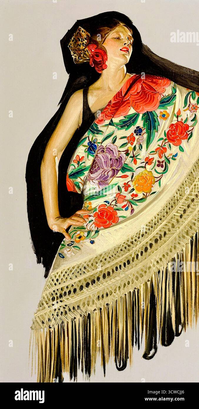 Joseph Christian Leyendecker - châle espagnol - la peinture représente une femme portant un châle brodé, connu sous le nom de mantón de Manille. Ce type de châle est un vêtement traditionnel espagnol, souvent associé aux danseurs de flamenco - c1922 Banque D'Images