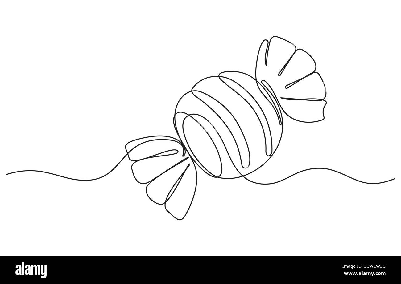 Bonbons dans un dessin de ligne continue, caramel et chocolat sucré dans le symbole de papier d'emballage pour le concept de magasin de bonbons, bonbons dans un dessin de ligne continue Illustration de Vecteur