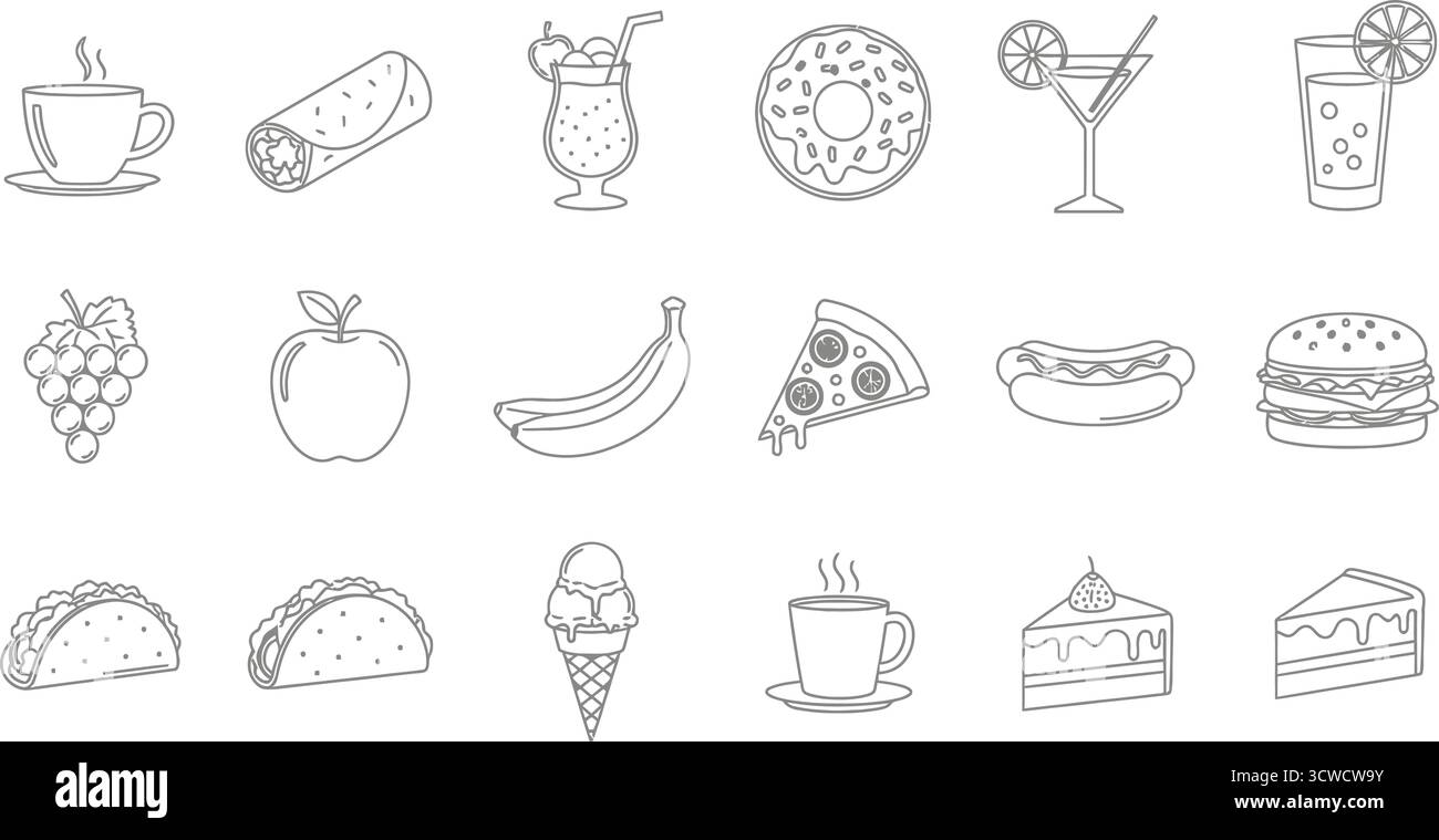 Collection de divers aliments et boissons dans le style doodle pour un menu ou un concept culinaire Illustration de Vecteur